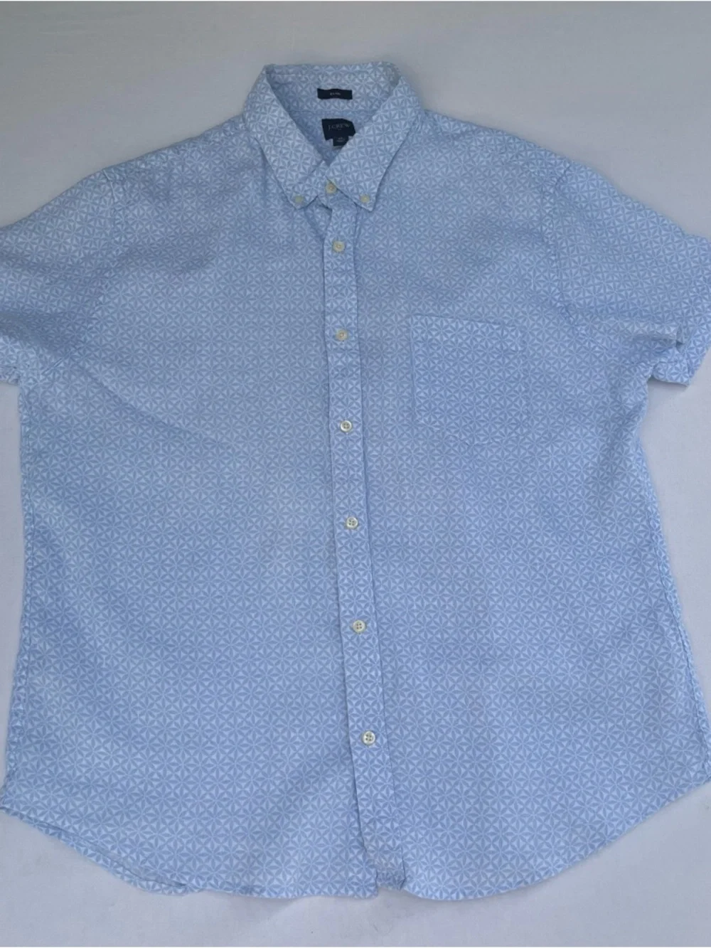 J Crew Men’s Slim Blue Geometric Summer Cotton Linen Shirt Collar Pocket Size XL